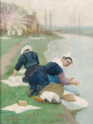  Women Washing Laundry on a River Bank, oil painting by Lionel Walden